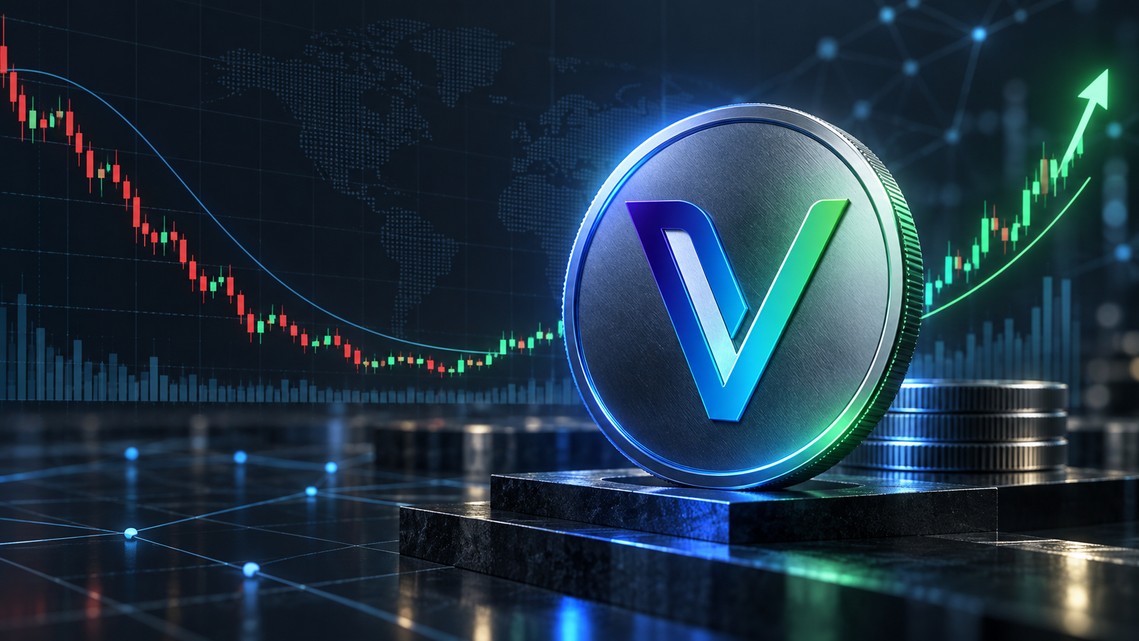 VeChain-Logo als große Münze vor einem Kurschart mit Bodenbildung und anschließendem Aufwärtstrend im Bloomberg-Stil.