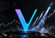 VeChain-Logo vor steigendem Kurschart mit Raketen als Symbol für die VET-Kursrallye