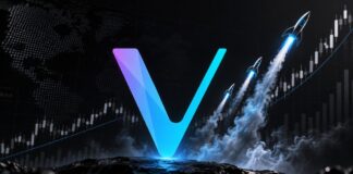 VeChain-Logo vor steigendem Kurschart mit Raketen als Symbol für die VET-Kursrallye