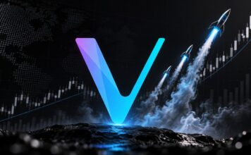 VeChain-Logo vor steigendem Kurschart mit Raketen als Symbol für die VET-Kursrallye