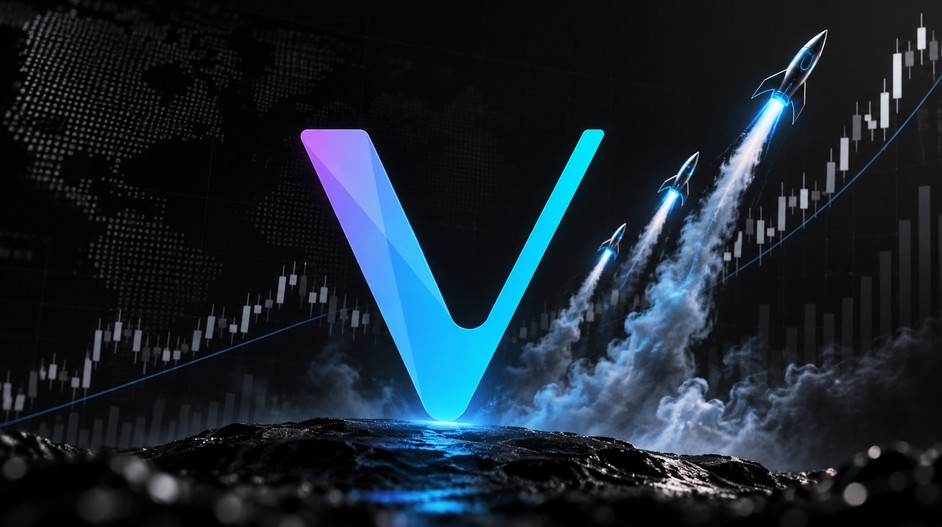 VeChain-Logo vor steigendem Kurschart mit Raketen als Symbol für die VET-Kursrallye