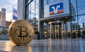 Volksbanken öffnen sich für Bitcoin: 59 Prozent planen Krypto-Angebot Bitcoin vor einer deutschen Volksbank, die den Kryptohandel für ihre Kunden öffnet