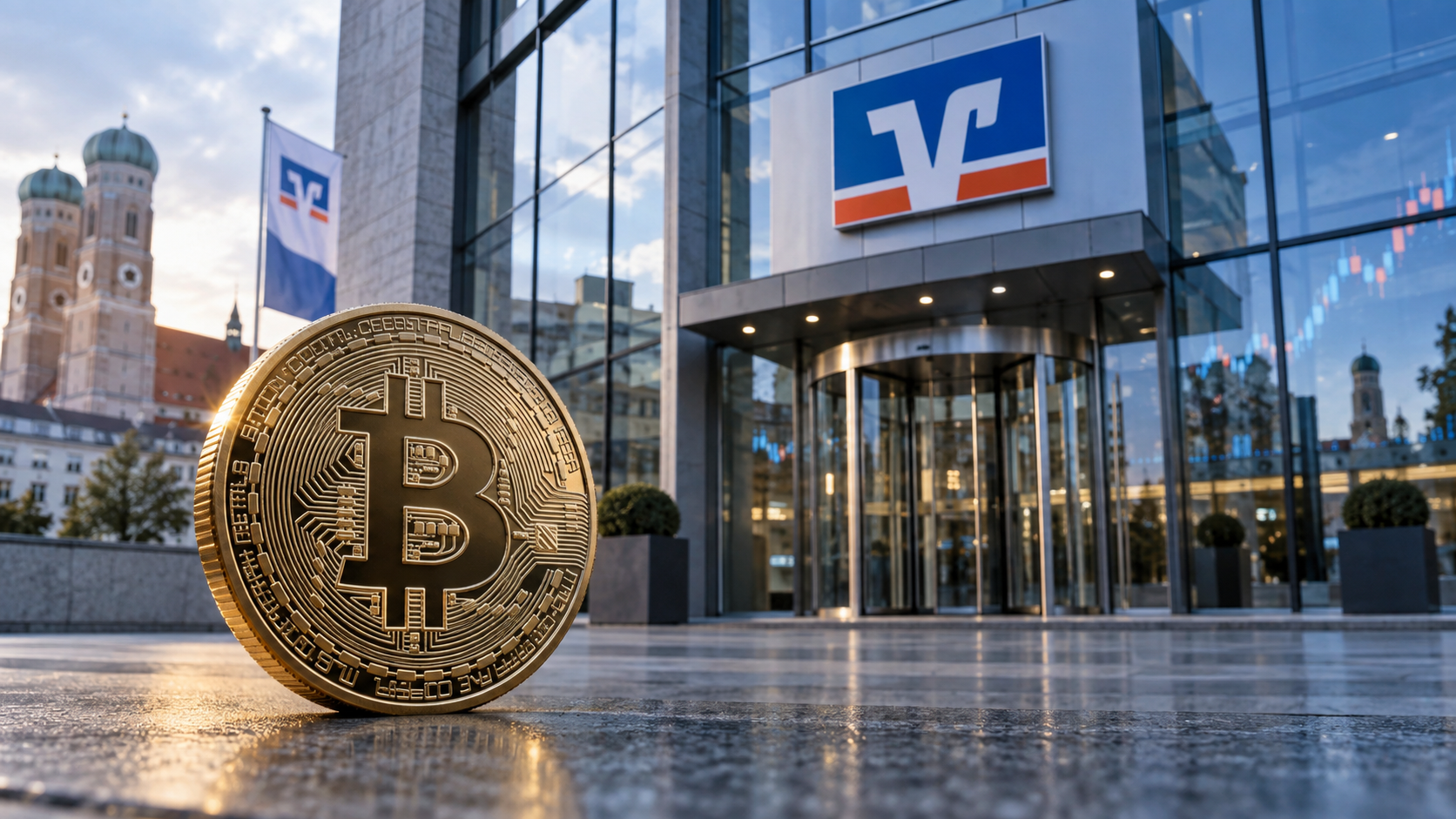 Bitcoin vor einer deutschen Volksbank, die den Kryptohandel für ihre Kunden öffnet