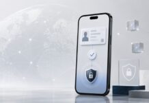 Smartphone mit digitalem Identitätsnachweis, Sicherheits-Symbolen und globalem Netzwerkhintergrund als Darstellung datenschutzfreundlicher Verifikation.