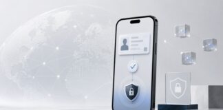 Smartphone mit digitalem Identitätsnachweis, Sicherheits-Symbolen und globalem Netzwerkhintergrund als Darstellung datenschutzfreundlicher Verifikation.