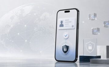 Smartphone mit digitalem Identitätsnachweis, Sicherheits-Symbolen und globalem Netzwerkhintergrund als Darstellung datenschutzfreundlicher Verifikation.