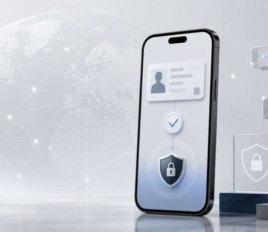 Smartphone mit digitalem Identitätsnachweis, Sicherheits-Symbolen und globalem Netzwerkhintergrund als Darstellung datenschutzfreundlicher Verifikation.