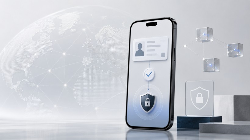 Smartphone mit digitalem Identitätsnachweis, Sicherheits-Symbolen und globalem Netzwerkhintergrund als Darstellung datenschutzfreundlicher Verifikation.