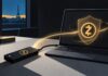 Zcash-Logo auf Laptop und Hardware-Wallet als Symbol für geschützte ZEC-Transaktionen und lokale Signierung