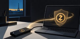 Zcash-Logo auf Laptop und Hardware-Wallet als Symbol für geschützte ZEC-Transaktionen und lokale Signierung