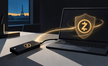 Zcash-Logo auf Laptop und Hardware-Wallet als Symbol für geschützte ZEC-Transaktionen und lokale Signierung