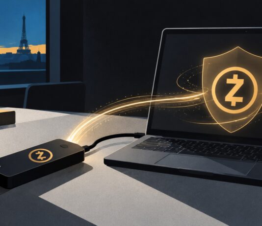 Zcash-Logo auf Laptop und Hardware-Wallet als Symbol für geschützte ZEC-Transaktionen und lokale Signierung