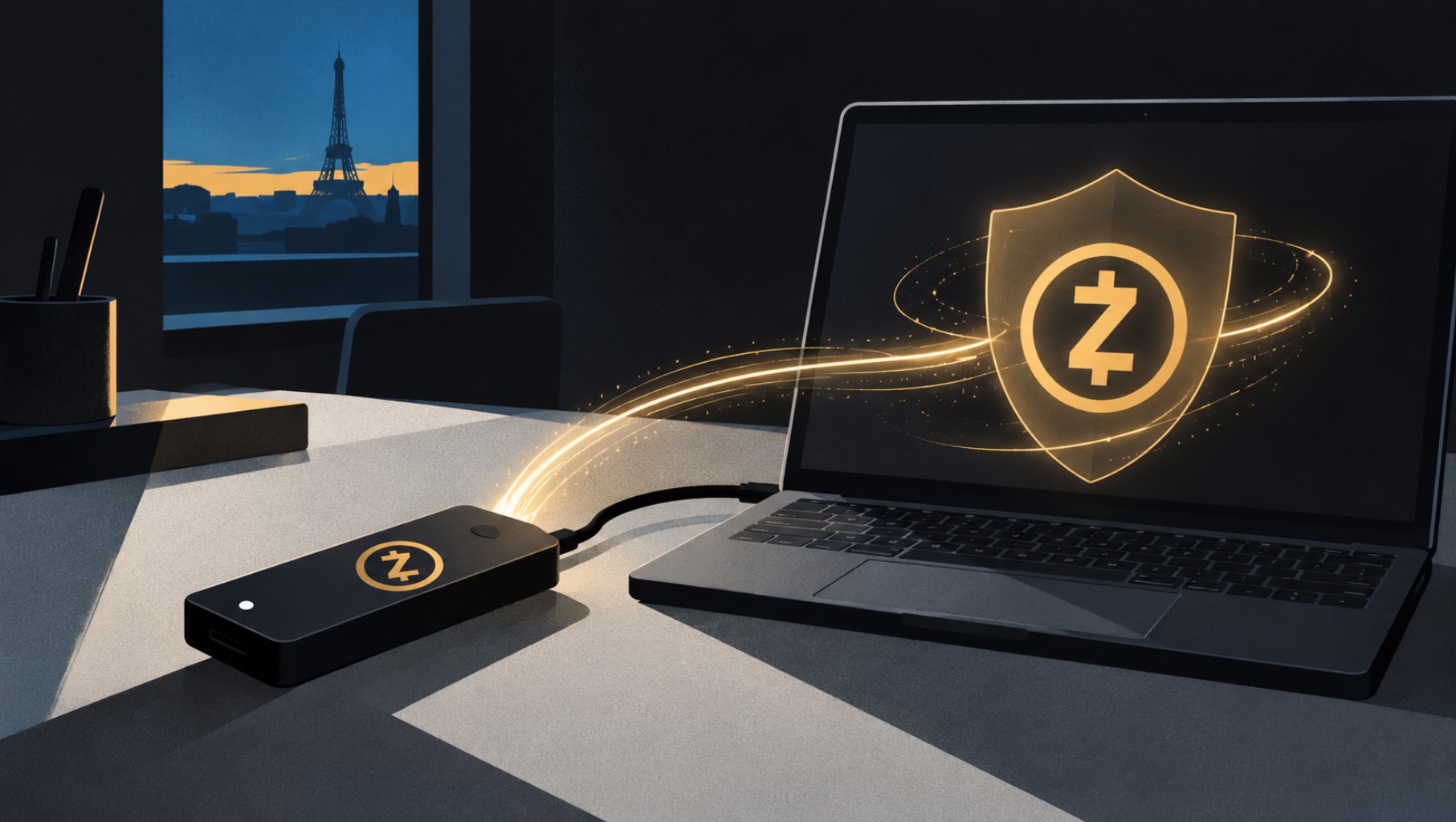 Zcash-Logo auf Laptop und Hardware-Wallet als Symbol für geschützte ZEC-Transaktionen und lokale Signierung