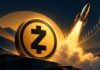 Zcash-Logo mit startender Rakete und aufsteigendem Kurschart als Symbol für einen möglichen starken Kursanstieg.