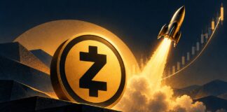 Zcash-Logo mit startender Rakete und aufsteigendem Kurschart als Symbol für einen möglichen starken Kursanstieg.