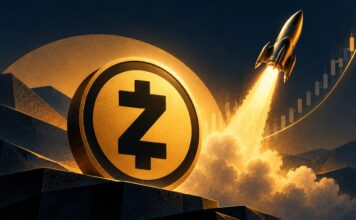 Zcash-Logo mit startender Rakete und aufsteigendem Kurschart als Symbol für einen möglichen starken Kursanstieg.
