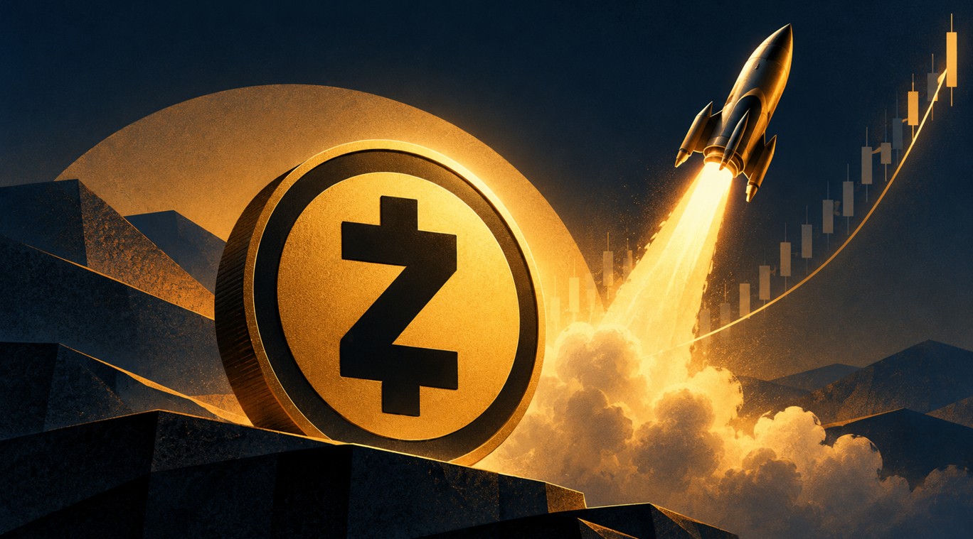 Zcash-Logo mit startender Rakete und aufsteigendem Kurschart als Symbol für einen möglichen starken Kursanstieg.