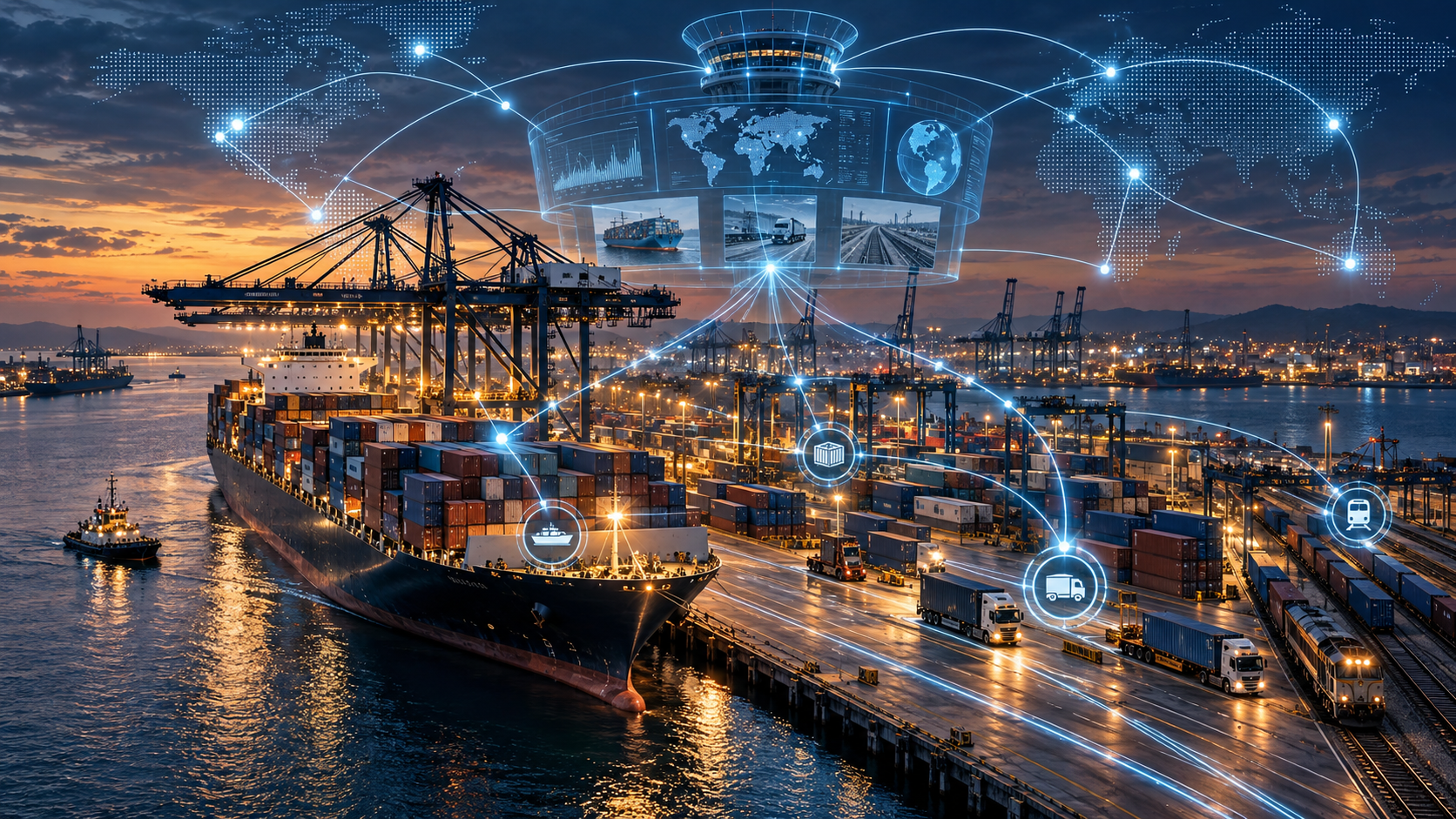 Containerhafen mit digital vernetztem Virtual Watch Tower für globale Lieferketten