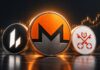 Monero (XMR) im Mittelpunkt einer Krypto-Rallye, flankiert von Lighter (LIT) und Venice Token (VVV) vor einem steigenden Kurschart.