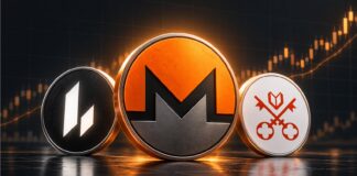 Monero (XMR) im Mittelpunkt einer Krypto-Rallye, flankiert von Lighter (LIT) und Venice Token (VVV) vor einem steigenden Kurschart.