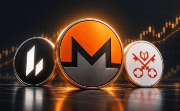 Monero (XMR) im Mittelpunkt einer Krypto-Rallye, flankiert von Lighter (LIT) und Venice Token (VVV) vor einem steigenden Kurschart.