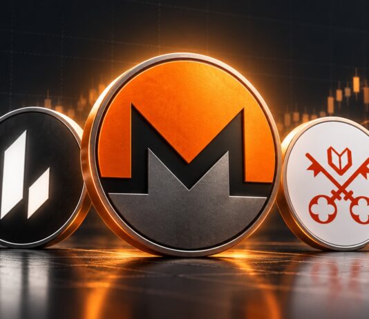 Monero (XMR) im Mittelpunkt einer Krypto-Rallye, flankiert von Lighter (LIT) und Venice Token (VVV) vor einem steigenden Kurschart.