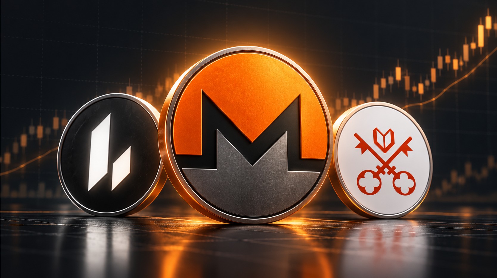 Monero (XMR) im Mittelpunkt einer Krypto-Rallye, flankiert von Lighter (LIT) und Venice Token (VVV) vor einem steigenden Kurschart.