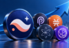 Token-Symbole von Starknet, Pyth, Stacks, Cosmos und Celestia vor einem blauen Aufwärtspfeil.