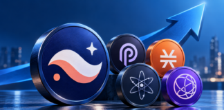 Token-Symbole von Starknet, Pyth, Stacks, Cosmos und Celestia vor einem blauen Aufwärtspfeil.