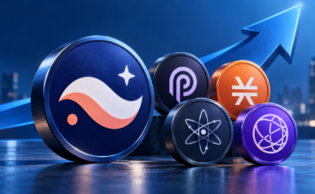 Starknet explodiert um 41 %: Warum diese 5 Altcoins jetzt durchstarten Token-Symbole von Starknet, Pyth, Stacks, Cosmos und Celestia vor einem blauen Aufwärtspfeil.
