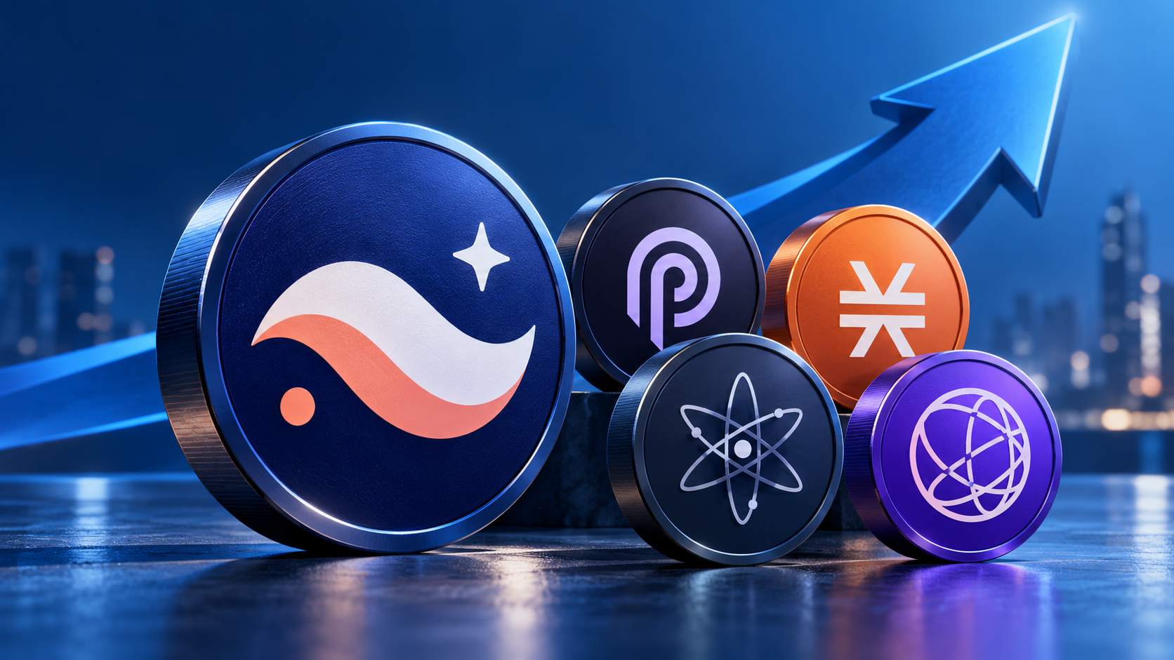 Token-Symbole von Starknet, Pyth, Stacks, Cosmos und Celestia vor einem blauen Aufwärtspfeil.