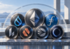 Symbolische Münzen für Ethereum, Sui, Filecoin, Lighter, Derive, Sonic und Midnight vor einer modernen Kulisse.