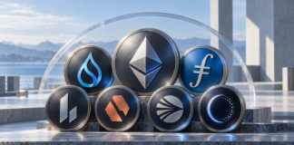 Symbolische Münzen für Ethereum, Sui, Filecoin, Lighter, Derive, Sonic und Midnight vor einer modernen Kulisse.