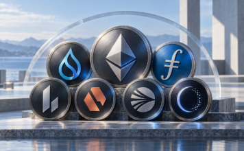 Symbolische Münzen für Ethereum, Sui, Filecoin, Lighter, Derive, Sonic und Midnight vor einer modernen Kulisse.