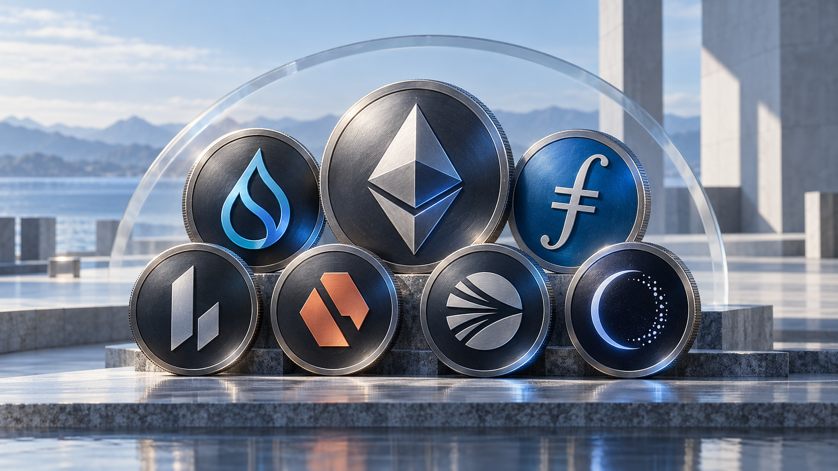 Symbolische Münzen für Ethereum, Sui, Filecoin, Lighter, Derive, Sonic und Midnight vor einer modernen Kulisse.