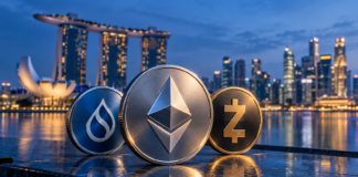 Diese Termine werden für ETH, XRP, Zcash und Altcoins diese Woche wichtig Symbolische Münzen von Ethereum, Sui und Zcash vor der Skyline Singapurs mit dem Marina Bay Sands.