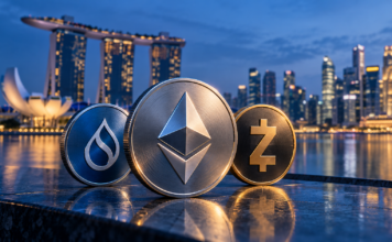 Diese Termine werden für ETH, XRP, Zcash und Altcoins diese Woche wichtig Symbolische Münzen von Ethereum, Sui und Zcash vor der Skyline Singapurs mit dem Marina Bay Sands.