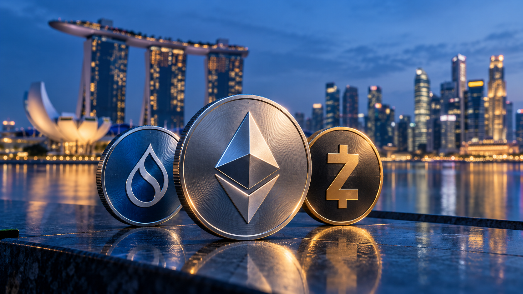 Symbolische Münzen von Ethereum, Sui und Zcash vor der Skyline Singapurs mit dem Marina Bay Sands.