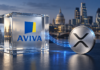 Ripple: Aviva bringt 22-Milliarden-Pfund-Fonds auf den XRP Ledger Glasblock mit Aviva-Logo neben einem silbernen XRP-Symbol vor der Londoner Skyline.