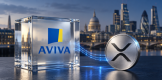 Glasblock mit Aviva-Logo neben einem silbernen XRP-Symbol vor der Londoner Skyline.