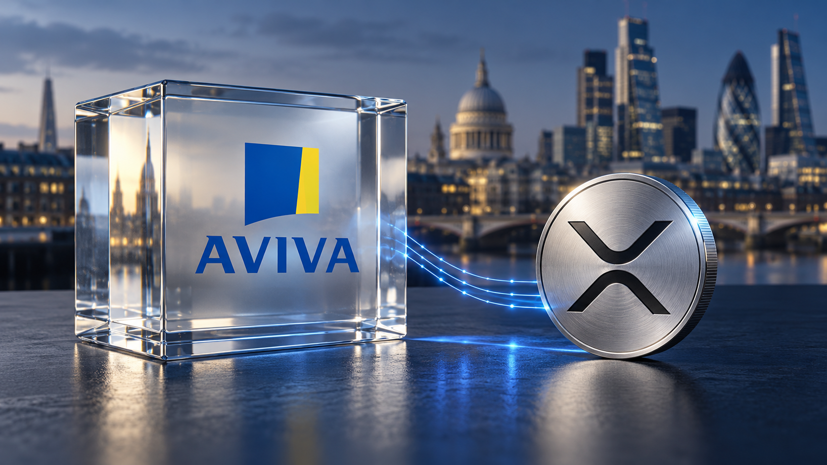 Glasblock mit Aviva-Logo neben einem silbernen XRP-Symbol vor der Londoner Skyline.