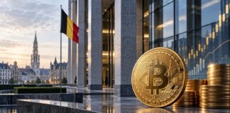 Zweitgrößte Bank Belgiens erhöht indirektes Bitcoin-Exposure Bitcoin-Münze vor moderner Bankenkulisse in Brüssel mit belgischer Flagge und Börsenchart im Hintergrund