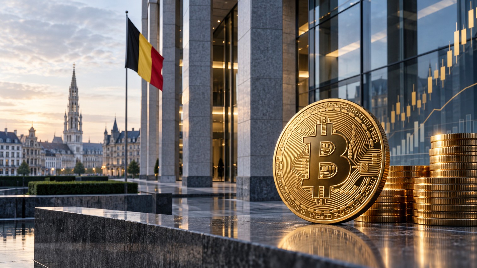 Bitcoin-Münze vor moderner Bankenkulisse in Brüssel mit belgischer Flagge und Börsenchart im Hintergrund