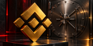 Goldenes Binance-Logo vor einer geschlossenen Tresortür auf dunklem Hintergrund mit roten Lichtakzenten.