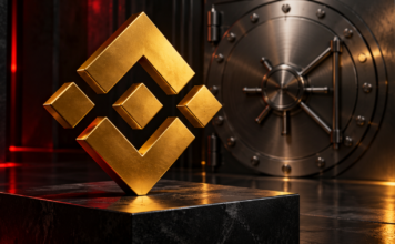 Goldenes Binance-Logo vor einer geschlossenen Tresortür auf dunklem Hintergrund mit roten Lichtakzenten.