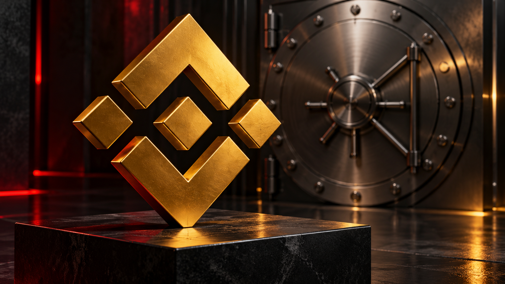 Goldenes Binance-Logo vor einer geschlossenen Tresortür auf dunklem Hintergrund mit roten Lichtakzenten.