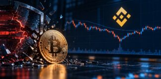 Binance-Hack-Nachbeben: Droht eine Bitcoin-Kurslawine auf 70.000 USD? Bitcoin und Binance-Logo vor einem Kurschart mit Kurseinbruch und digitalem Hackerangriff