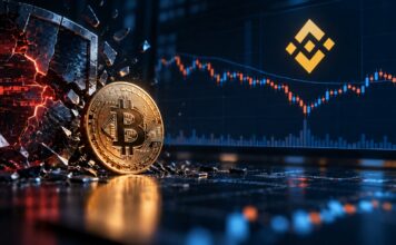 Binance-Hack-Nachbeben: Droht eine Bitcoin-Kurslawine auf 70.000 USD? Bitcoin und Binance-Logo vor einem Kurschart mit Kurseinbruch und digitalem Hackerangriff