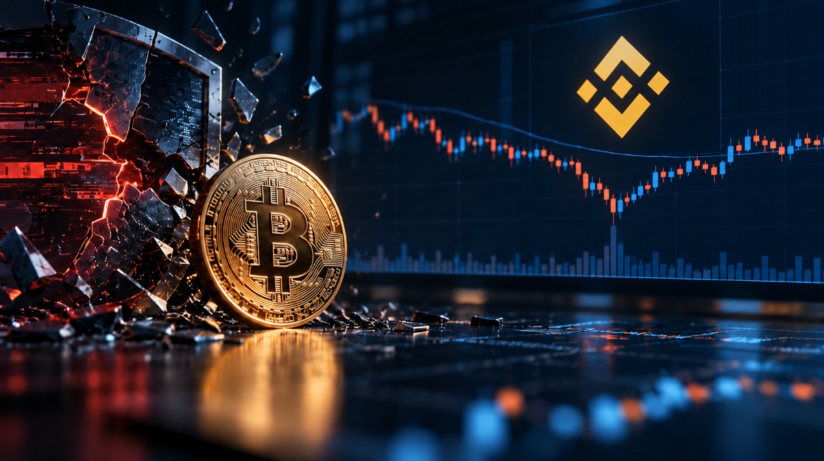 Bitcoin und Binance-Logo vor einem Kurschart mit Kurseinbruch und digitalem Hackerangriff