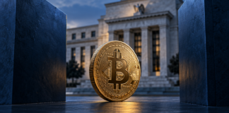 Goldene Bitcoin-Münze zwischen zwei dunkelblauen Wänden vor einem Gebäude im Stil der US-Notenbank.